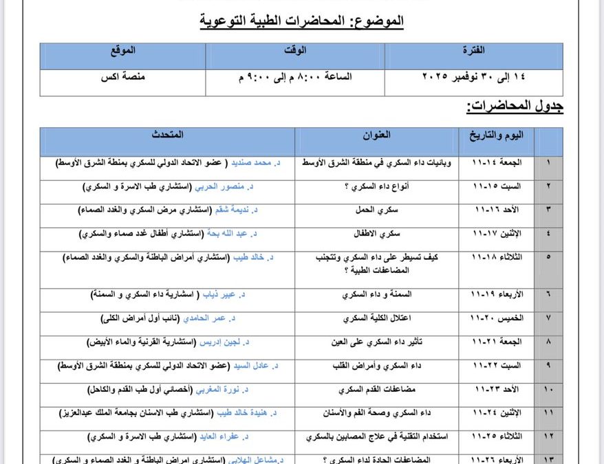 محاضرات توعية مكثفة للمصابين بالسكري لمدة أسبوعين تمثل جزءا من فعاليات اليوم العالمي للسكري